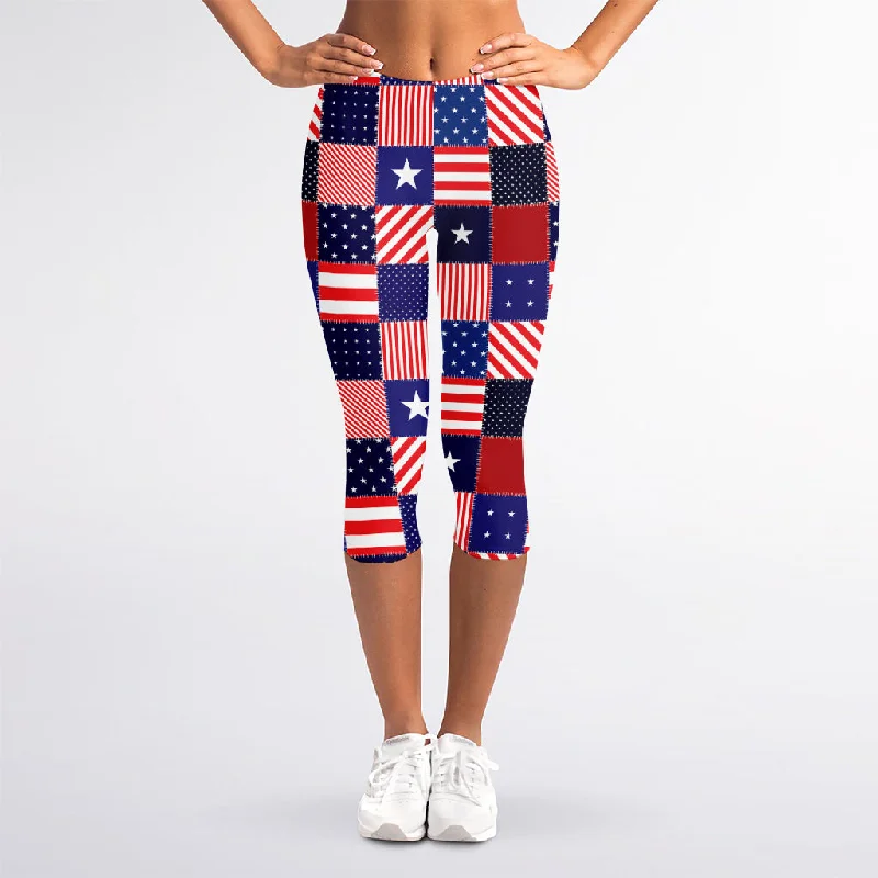 Early Access American Patriotic Patchwork Print Women's Capri Leggings