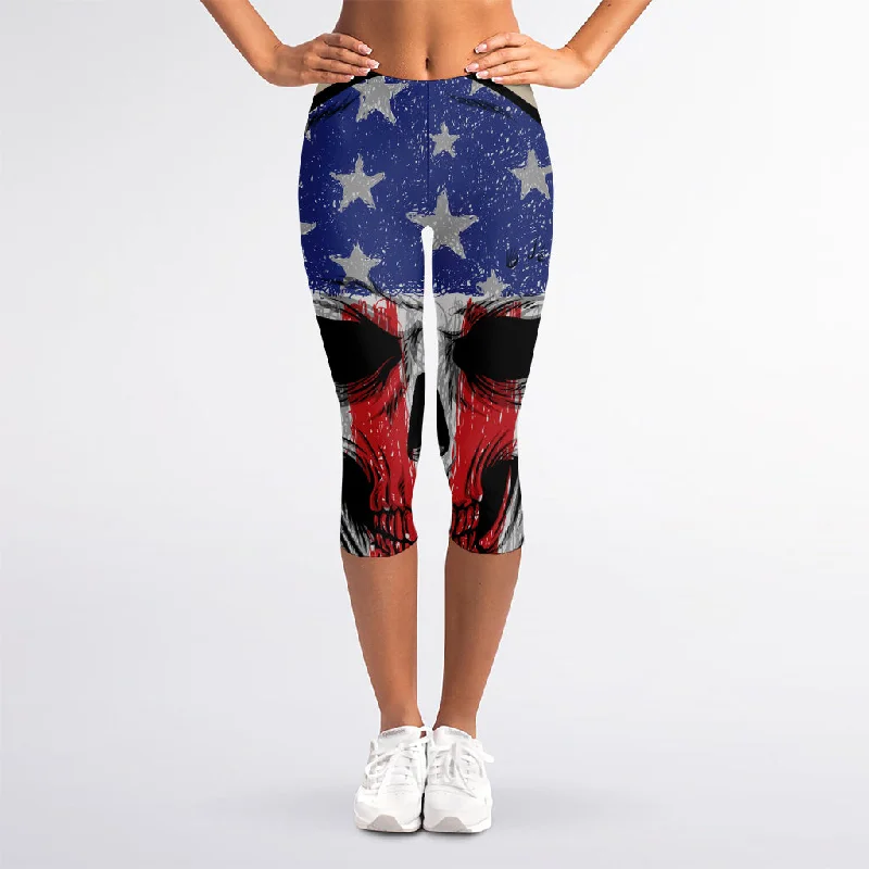 Best Bargains American Patriotic Skull Print Women's Capri Leggings