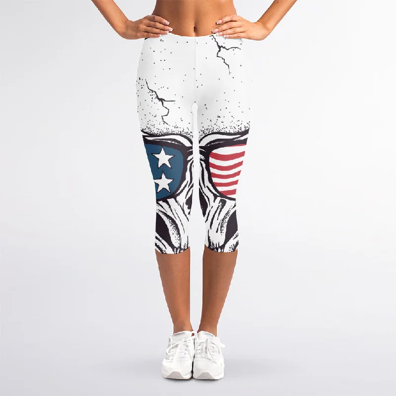 Act Fast American Skull With Sunglasses Print Women's Capri Leggings