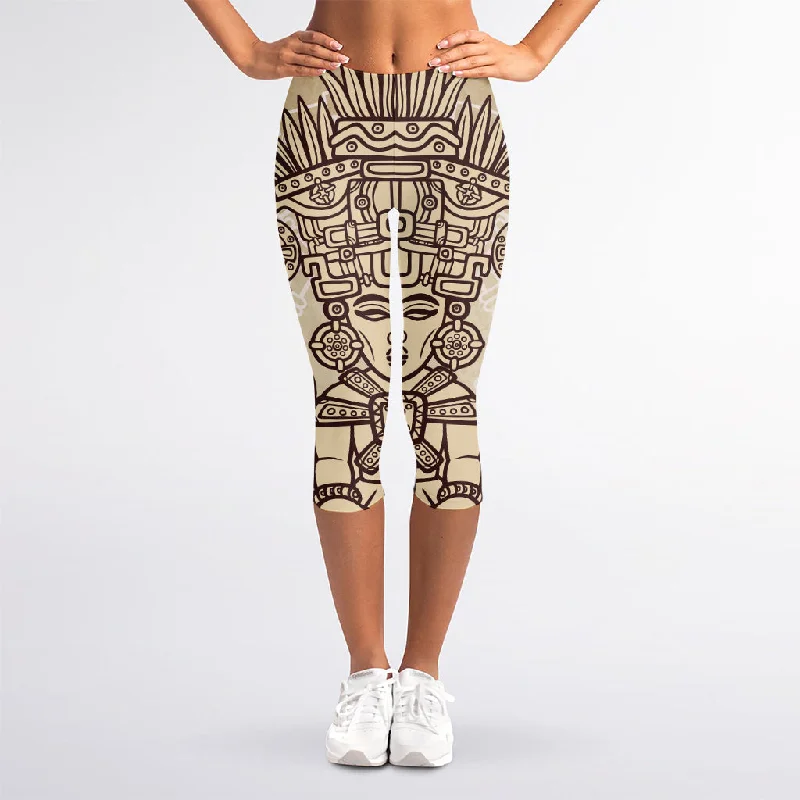 Overstock Ancient Mayan Statue Print Women's Capri Leggings