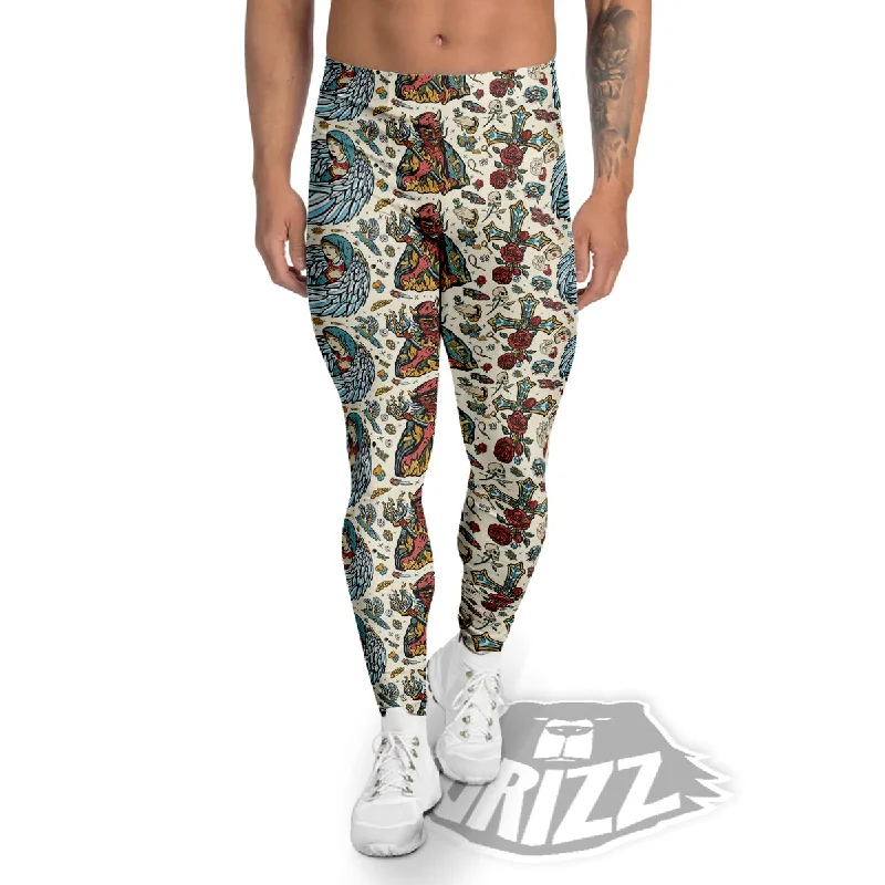 Angel And Demon Old School Tattoo Print Pattern Men's Leggings