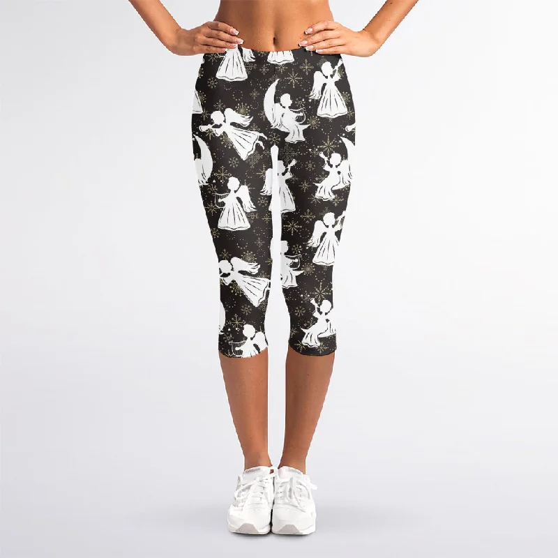 Can't Miss Angel And Snowflake Pattern Print Women's Capri Leggings