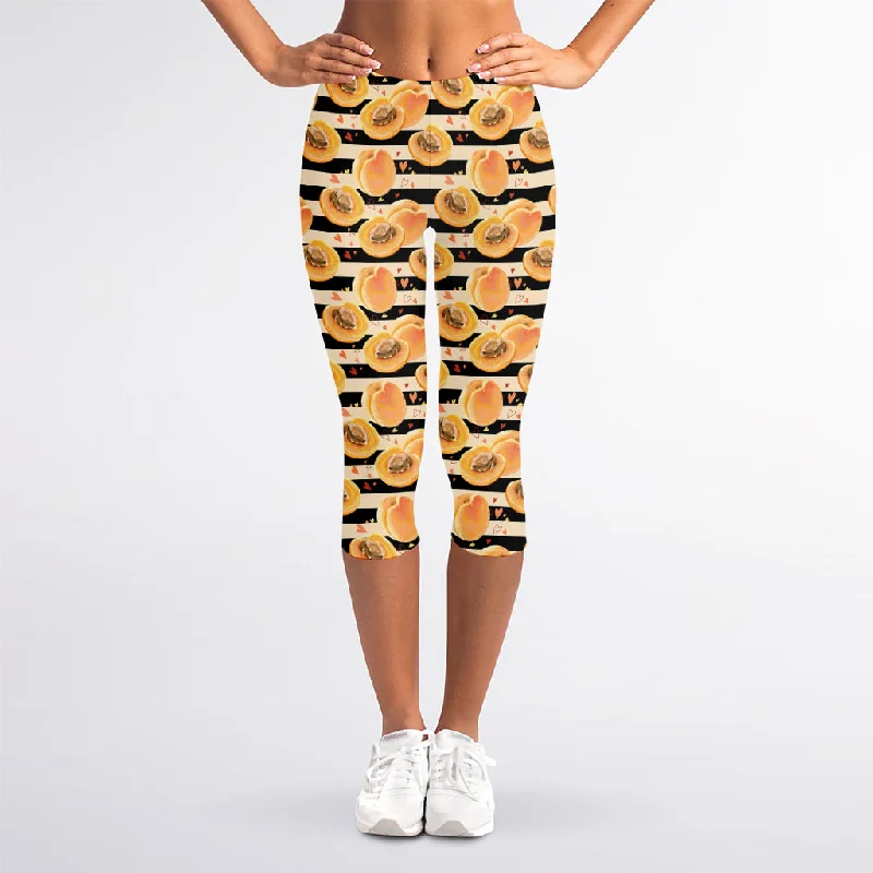 Savings Event Apricot Fruit Striped Pattern Print Women's Capri Leggings