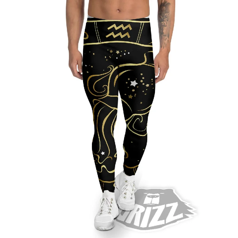 Unmissable Offer Aquarius Sign Black And Gold Print Men's Leggings