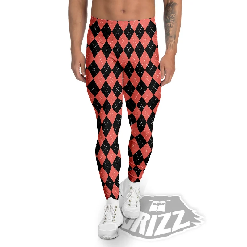 Argyle Coral And Black Print Pattern Men's Leggings