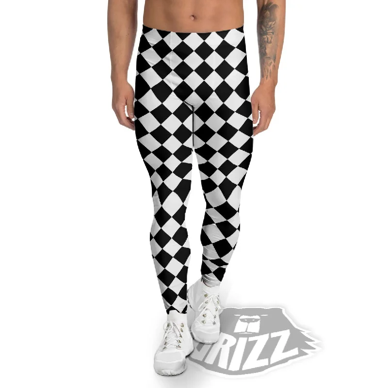 Super Sale Argyle Diamond Shapes Black And White Print Pattern Men's Leggings