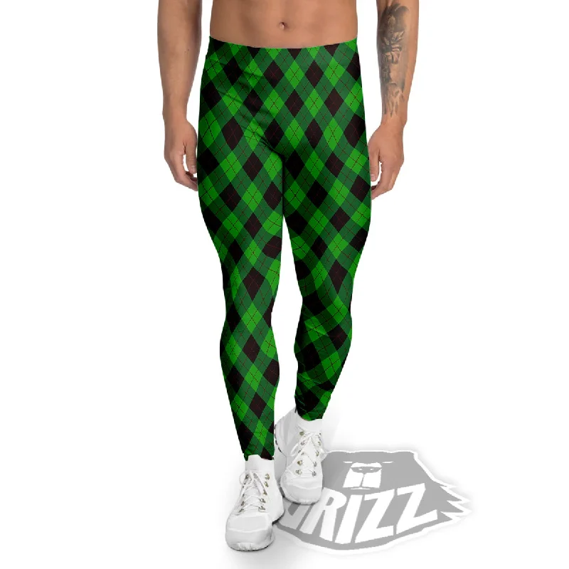 Argyle Green And Black Print Pattern Men's Leggings