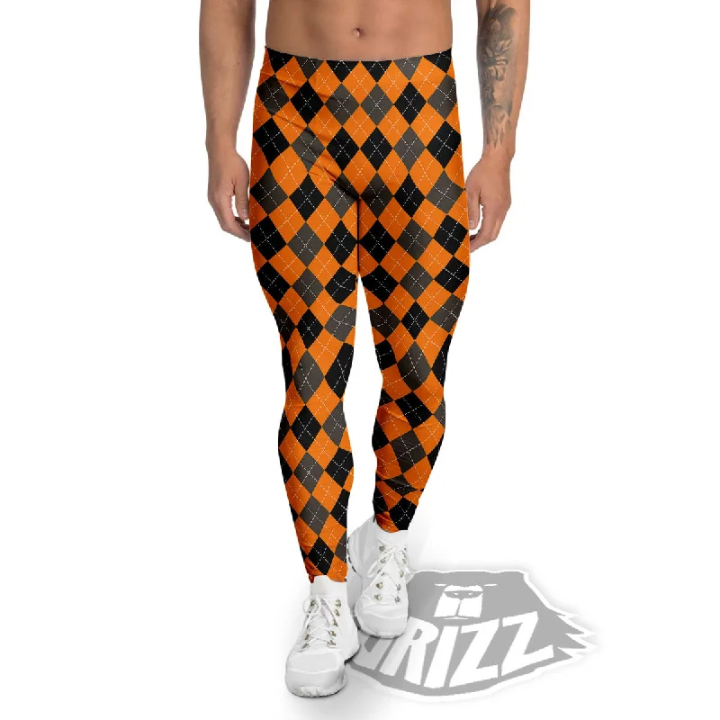 Argyle Orange And Black Print Pattern Men's Leggings