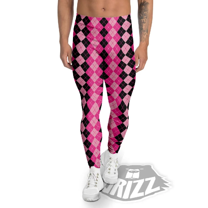 Argyle Pink And Black Print Pattern Men's Leggings