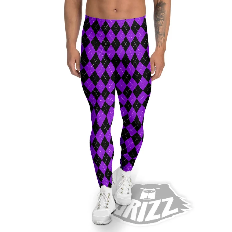 Argyle Purple And Black Print Pattern Men's Leggings