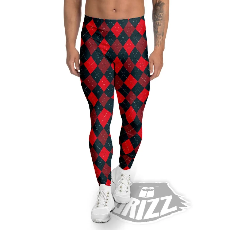 Argyle Red And Black Print Pattern Men's Leggings