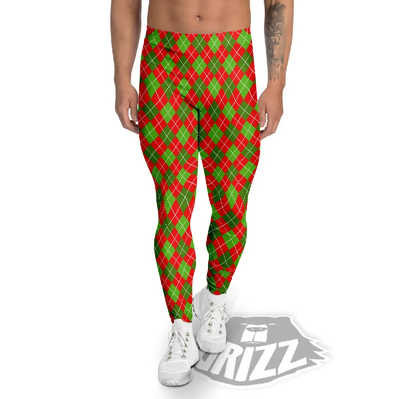 Low Prices Argyle Red And Green Print Pattern Men's Leggings