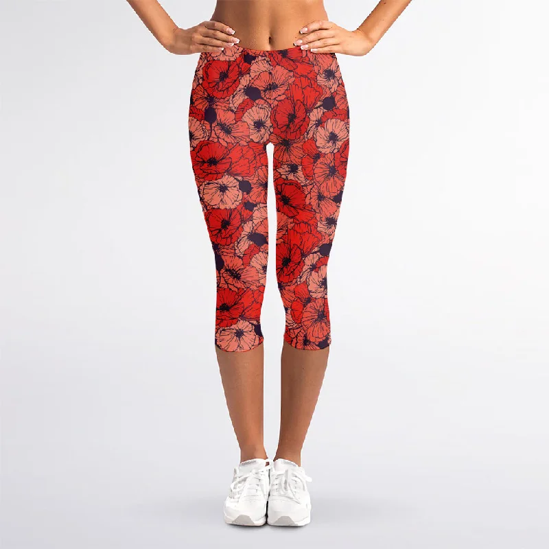 Warehouse Sale Armistice Day Poppy Pattern Print Women's Capri Leggings