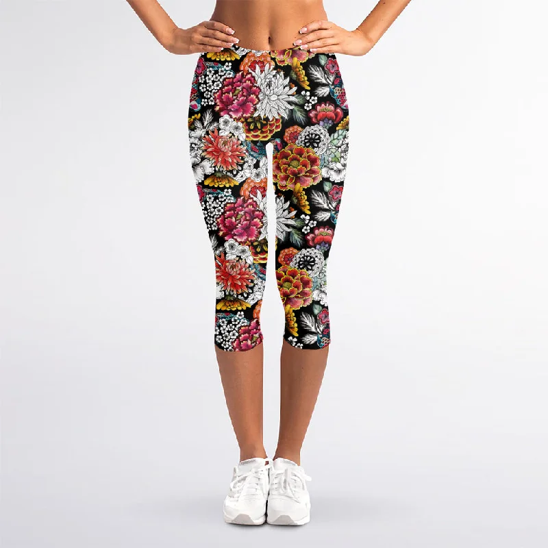 Year-End Sale Asian Chrysanthemum Pattern Print Women's Capri Leggings