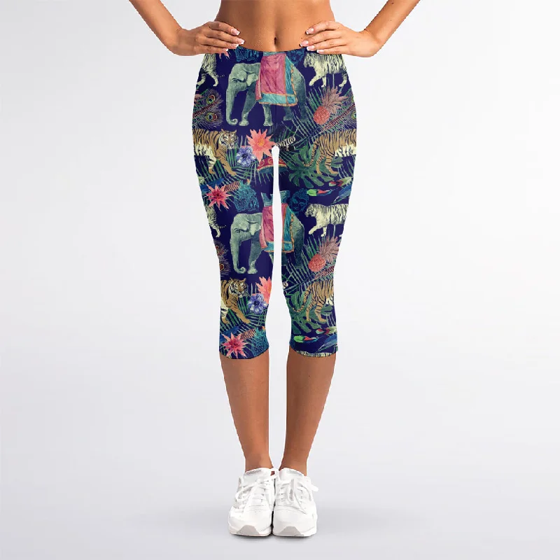 Friends and Family Sale Asian Elephant And Tiger Print Women's Capri Leggings
