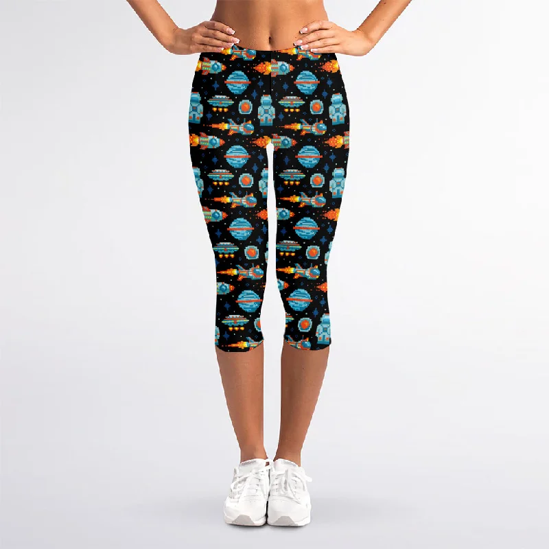Today Only Astronaut And Space Pixel Pattern Print Women's Capri Leggings