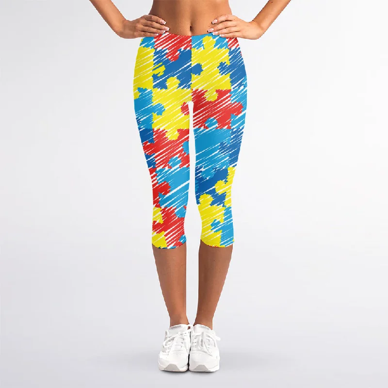 Best Bargains Autism Awareness Drawing Puzzle Print Women's Capri Leggings