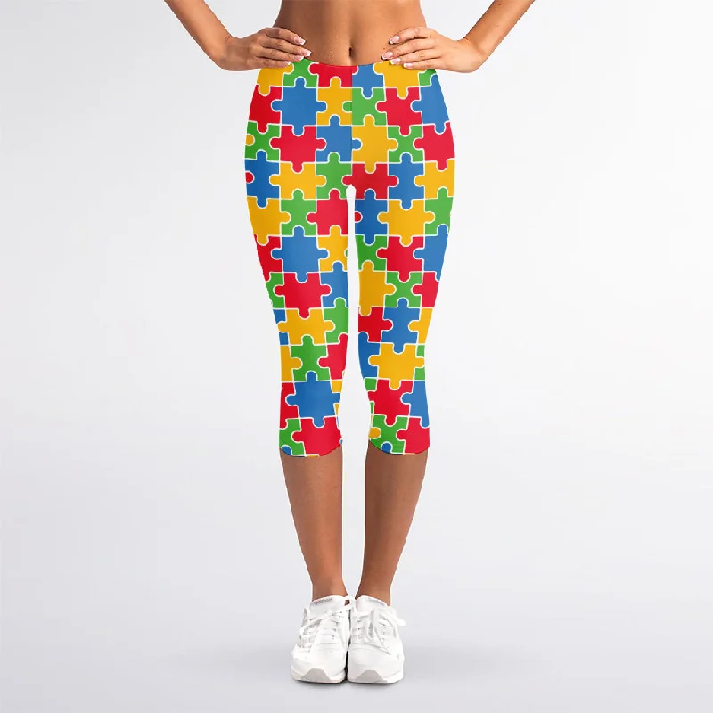 Must-Have Deals Autism Awareness Jigsaw Pattern Print Women's Capri Leggings