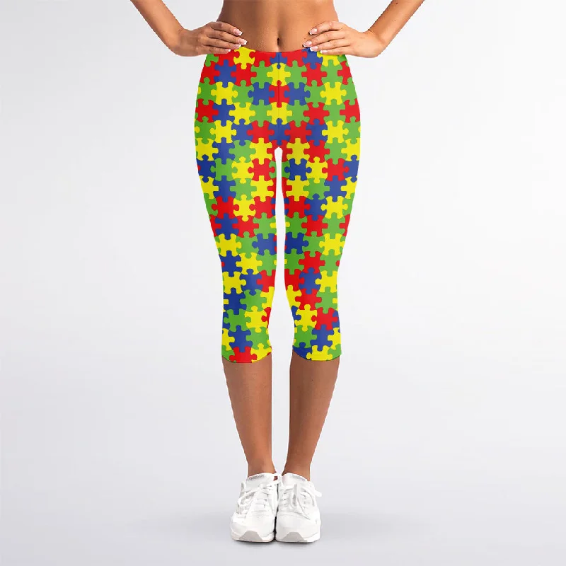 Big Savings Autism Awareness Puzzle Pattern Print Women's Capri Leggings