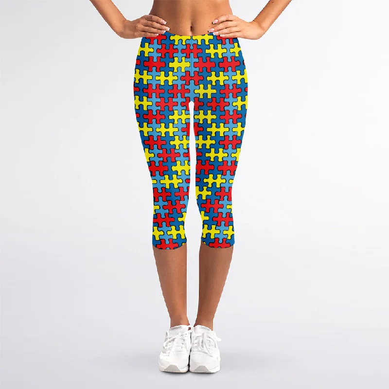 YEAR-End Sale Autism Awareness Puzzle Print Women's Capri Leggings