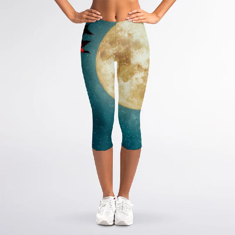 Extra Discounts Autumn Full Moon Print Women's Capri Leggings