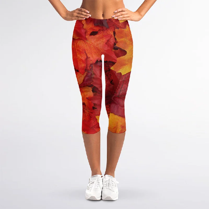 Super Bargain Autumn Maple Leaf Print Women's Capri Leggings