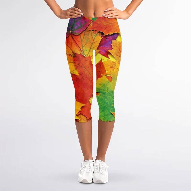 Today’s Deal Autumn Maple Leaves Print Women's Capri Leggings