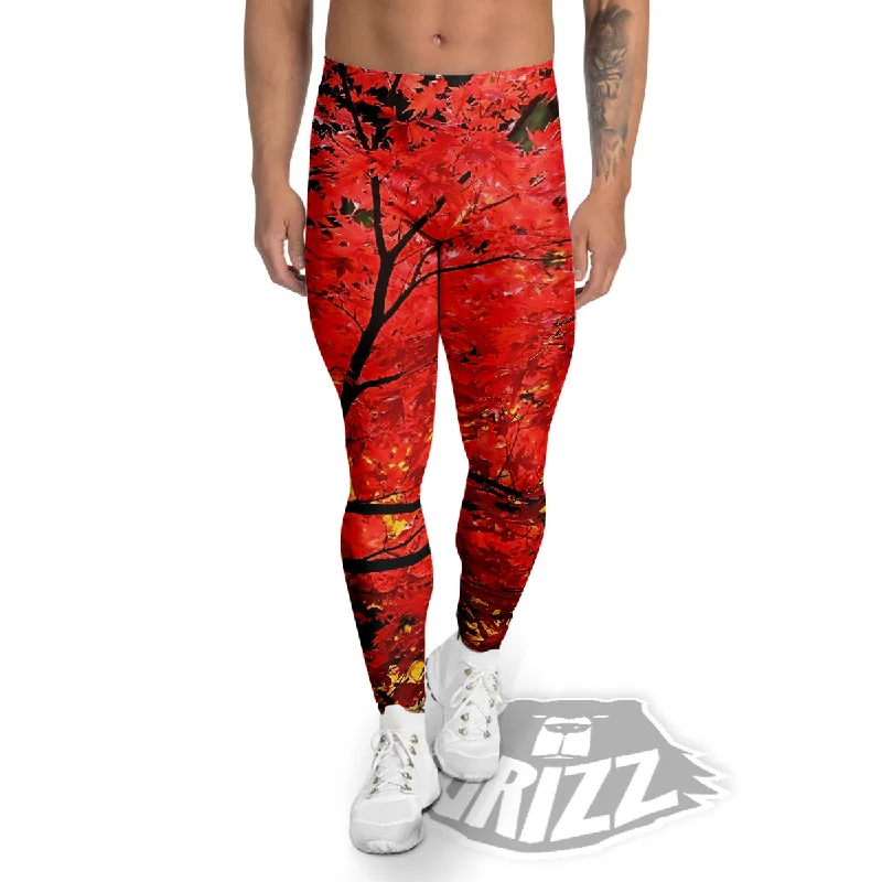 Autumn Trees Red Print Men's Leggings