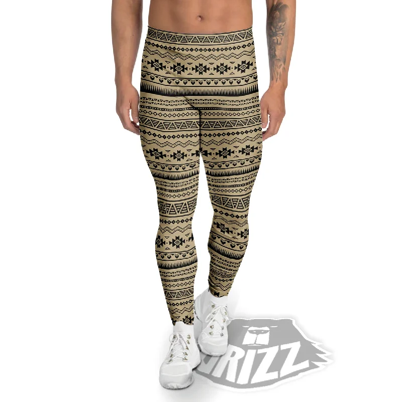 Aztec Beige And Black Print Pattern Men's Leggings