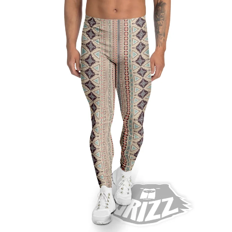 Aztec Beige Print Pattern Men's Leggings