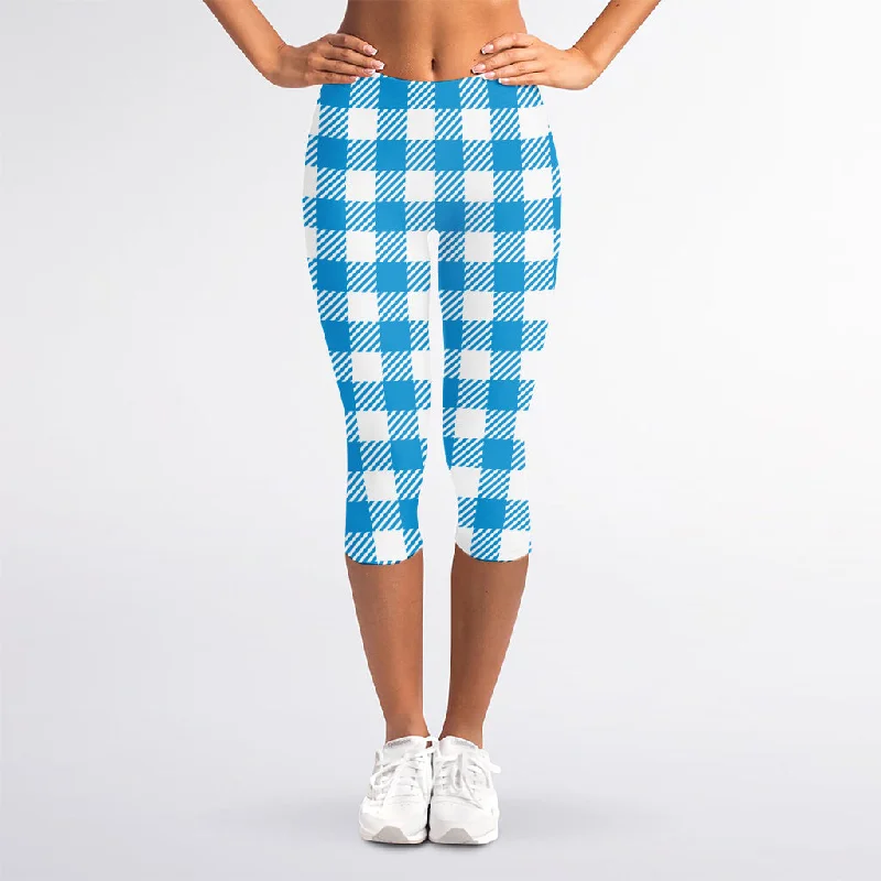 Markdowns Azure Blue And White Gingham Print Women's Capri Leggings