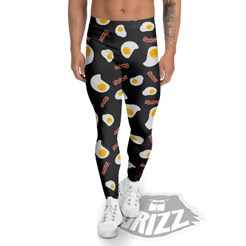 Bacon And Black Fried Egg Print Pattern Men's Leggings