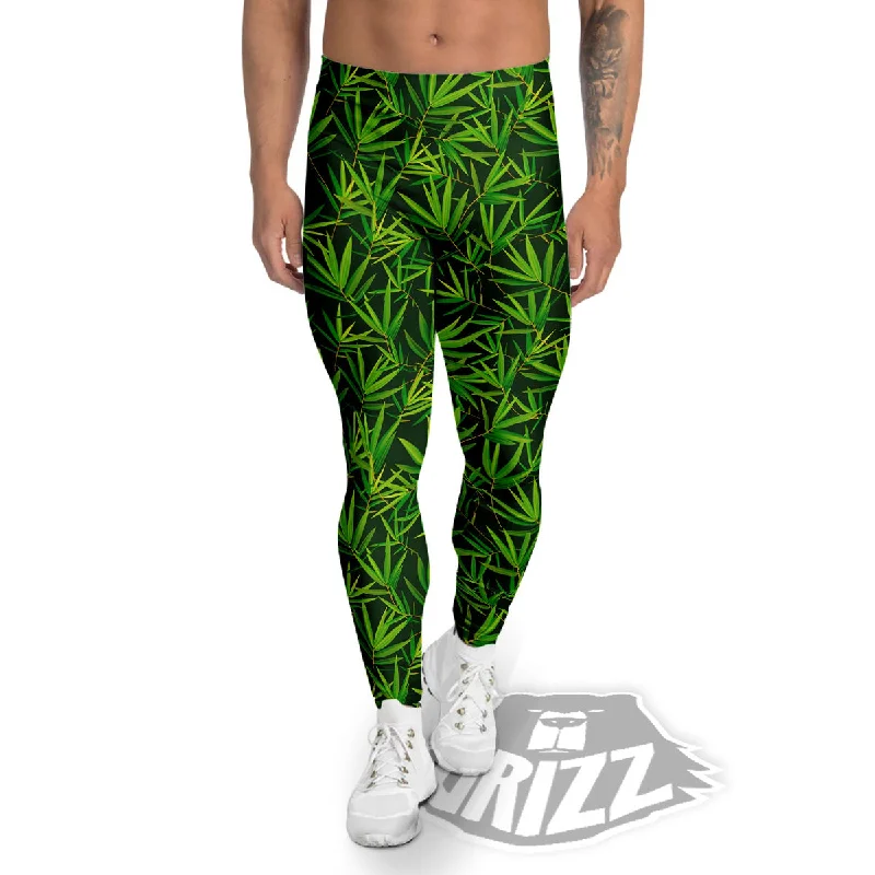 Price Meltdown Bamboo Leaf Green Print Pattern Men's Leggings