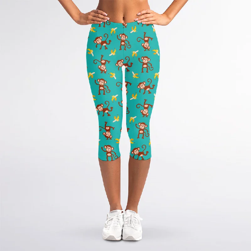 Price Break Banana And Monkey Pattern Print Women's Capri Leggings