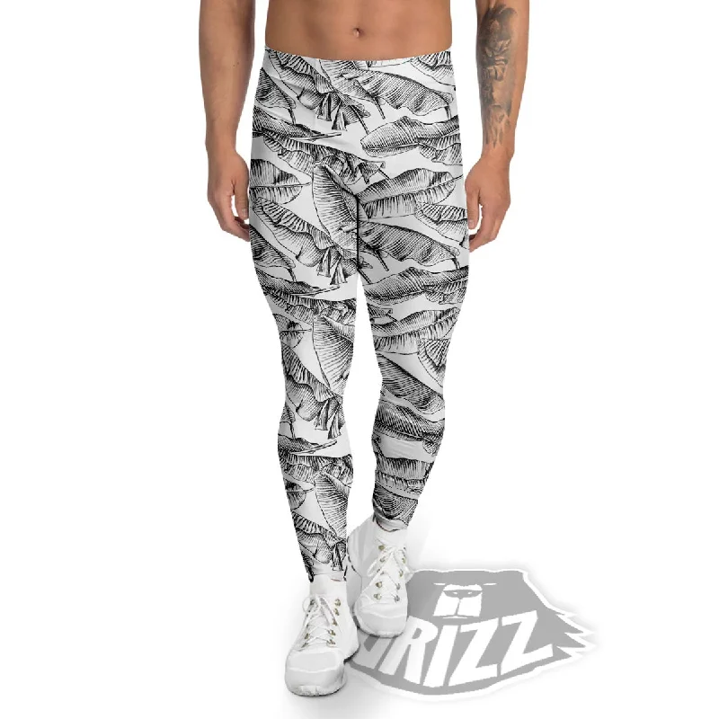 Banana Leaf White And Black Print Men's Leggings