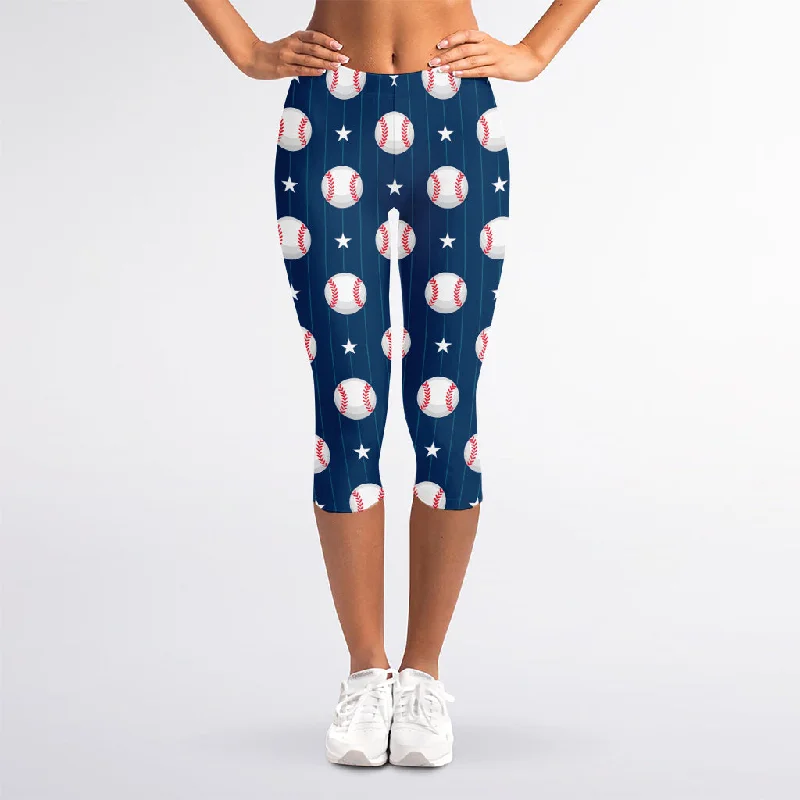 Bargain Bin Baseballs Star Pattern Print Women's Capri Leggings