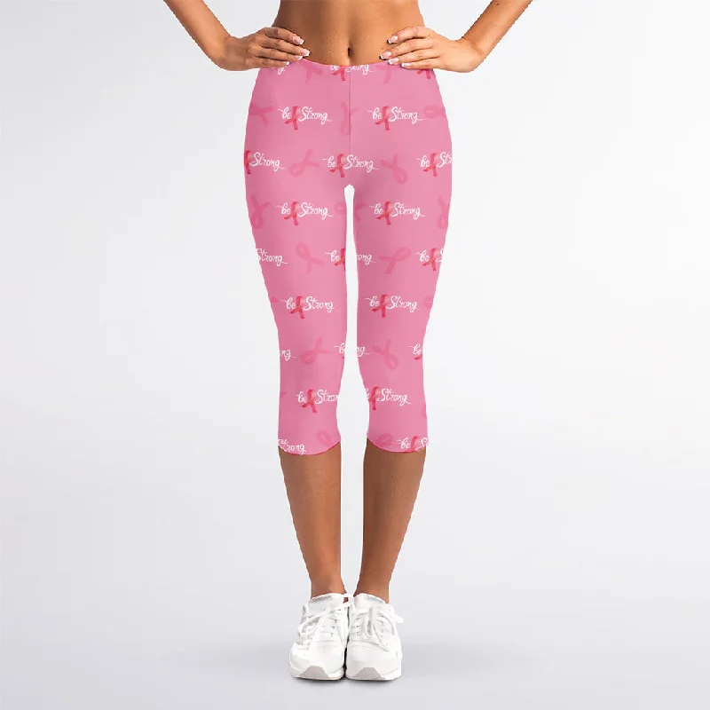 Exclusive Preview Be Strong Breast Cancer Pattern Print Women's Capri Leggings