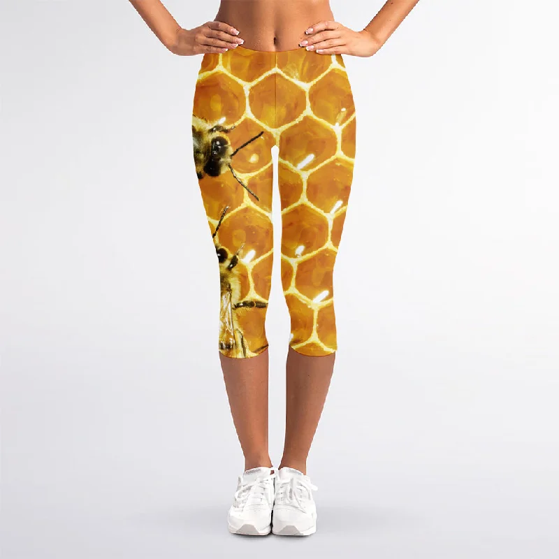 Super Savings Bees And Honeycomb Print Women's Capri Leggings