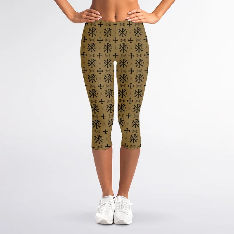 Buy More, Save More Beige And Black Orthodox Pattern Print Women's Capri Leggings
