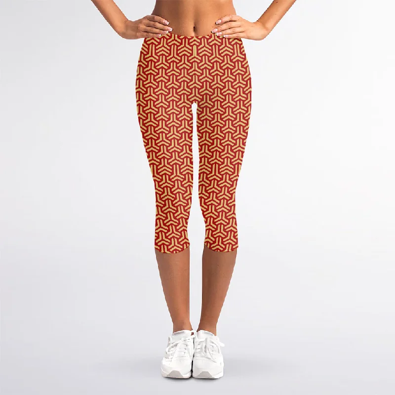 Stock Up and Save Beige And Red Japanese Pattern Print Women's Capri Leggings