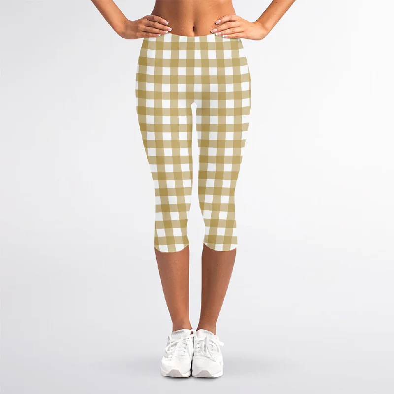 New Arrival Beige And White Check Pattern Print Women's Capri Leggings