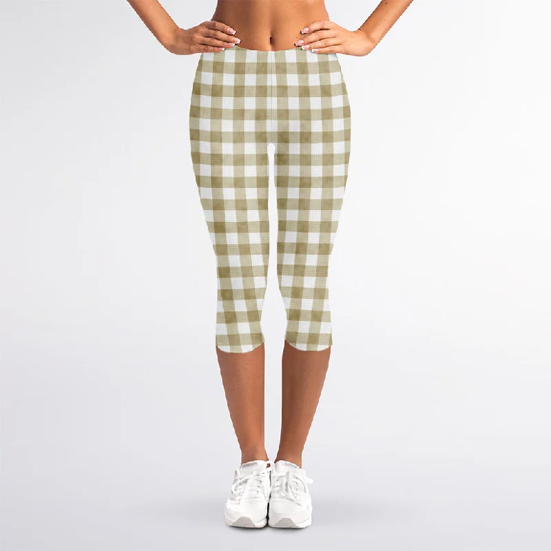 Exclusive Online Offer Beige And White Gingham Pattern Print Women's Capri Leggings