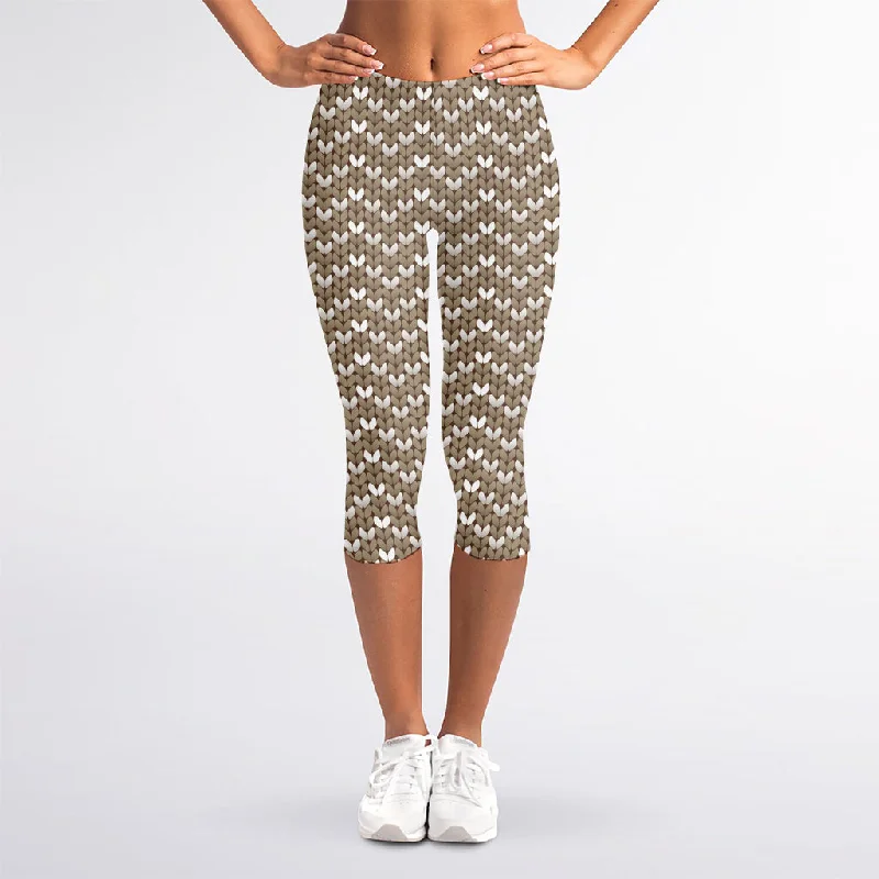 Special Offer Beige And White Knitted Pattern Print Women's Capri Leggings
