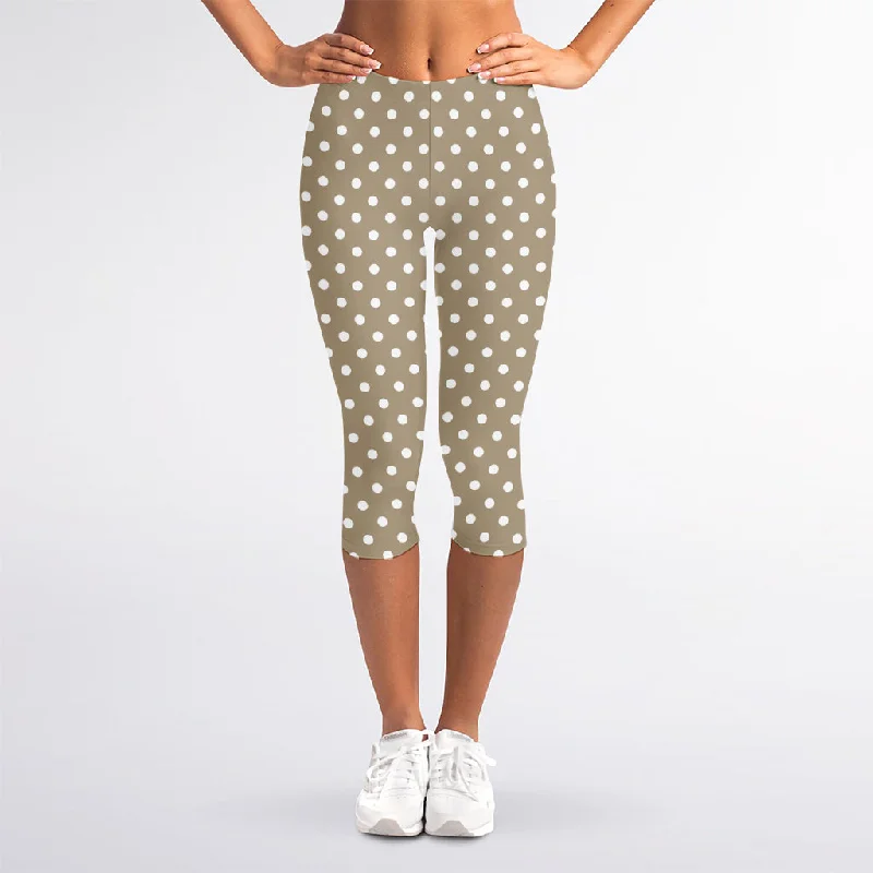 Exclusive Deal Beige And White Polka Dot Pattern Print Women's Capri Leggings