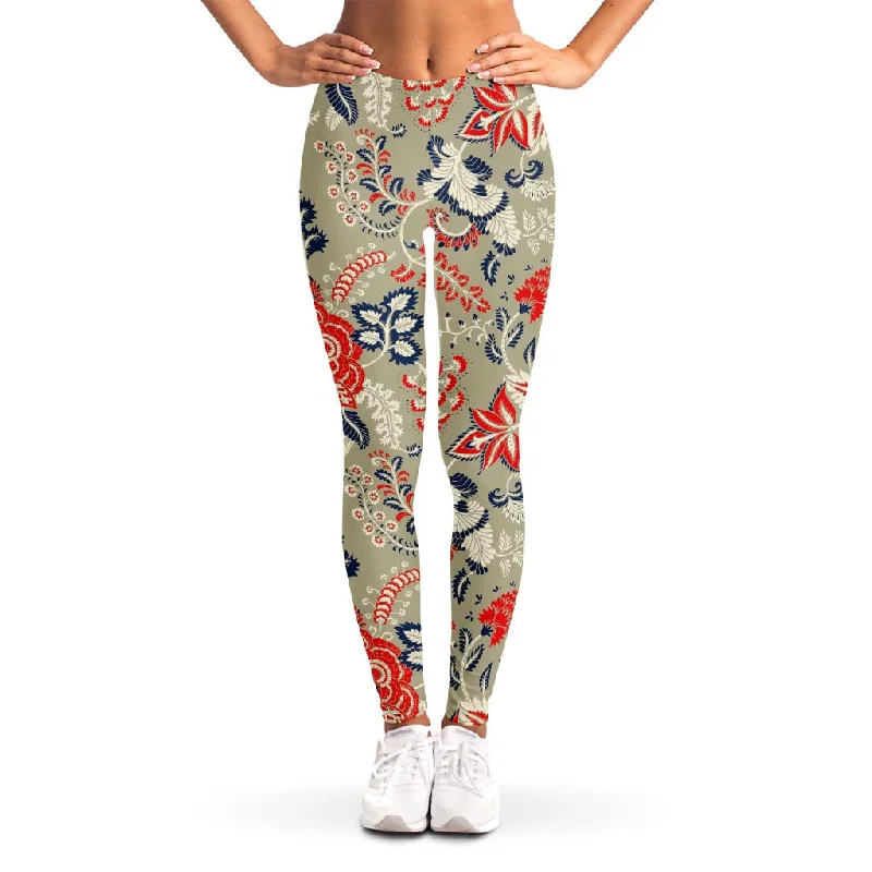 Deal Dash Beige Bohemian Floral Pattern Print Women's Leggings