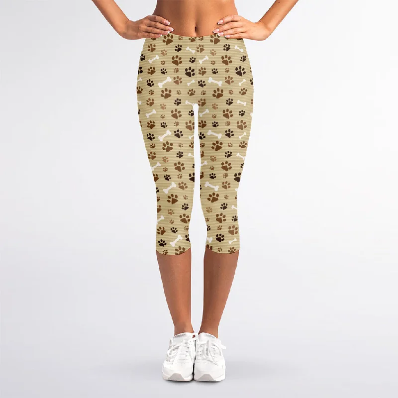Price Reduction Beige Paw And Bone Pattern Print Women's Capri Leggings