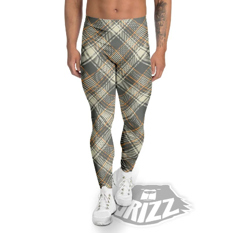 Friends and Family Sale Beige Plaid And Grey Print Pattern Men's Leggings