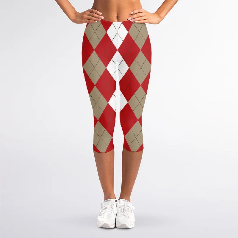 Today’s Deal Beige Red And White Argyle Pattern Print Women's Capri Leggings