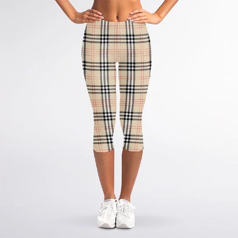 Shop and Save Beige Tartan Pattern Print Women's Capri Leggings