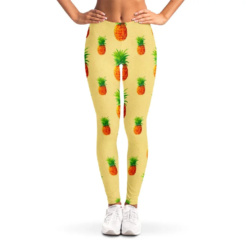 Closeout Beige Watercolor Pineapple Pattern Print Women's Leggings